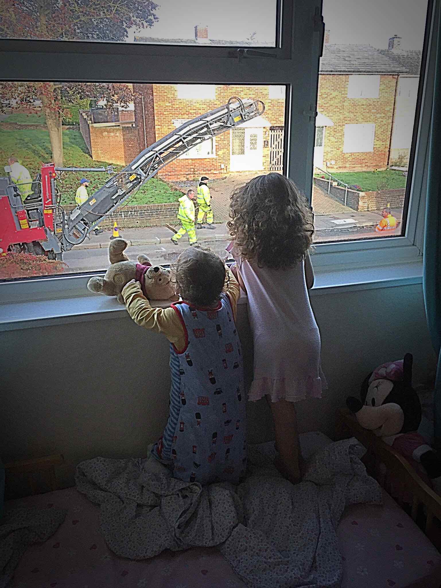 Photo of Pickes and Puds looking out the bedroom window, watching a digger drive down the road