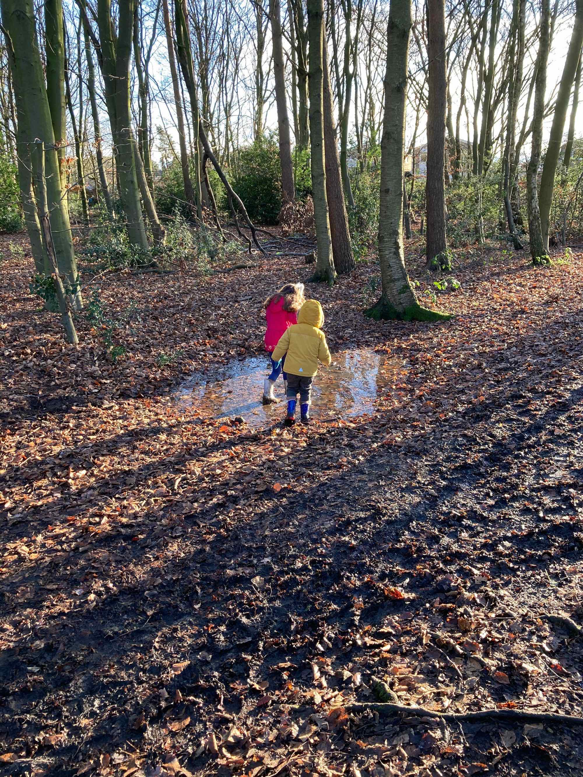 Photo of the children playing in a muddy puddle in the woods